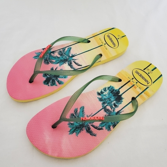 HAVAIANAS FLIP-FLOPS 'POLLEN YELLOW' PINK PALM TREES  BEACH SANDALS WOMEN (9/10) - Picture 1 of 7